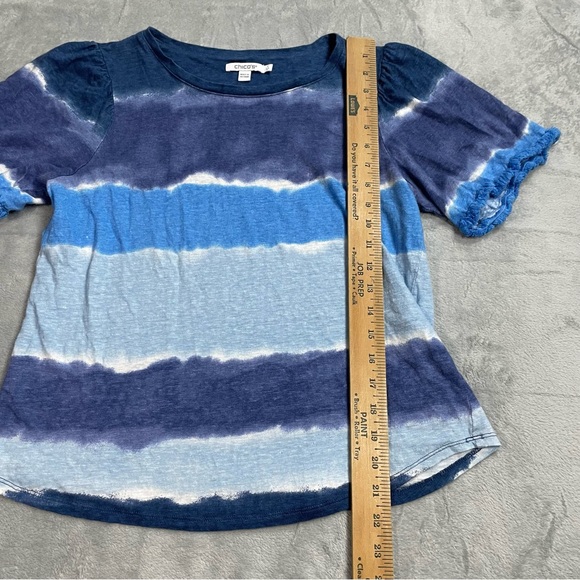 Chico’s Shirt 1 (Medium) 100% Linen Tie Dye Fringe Sleeve Tee Blue - Picture 5 of 7